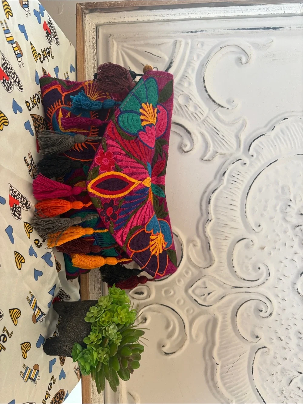 Hand made MEXICANA Embroidered Floral Tassel Pillow in Magenta, Teal & Orange